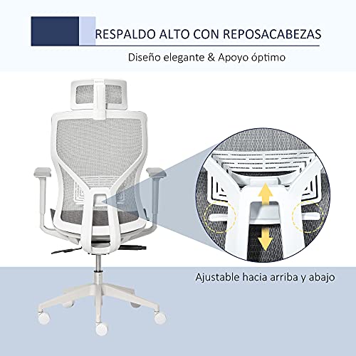 Vinsetto Silla de Oficina Giratoria Silla de Escritorio Ajustable en Altura con Reposabrazos Reposacabezas y Soporte Lumbar Regulables Respaldo Alto 67x65x120-128 cm Gris