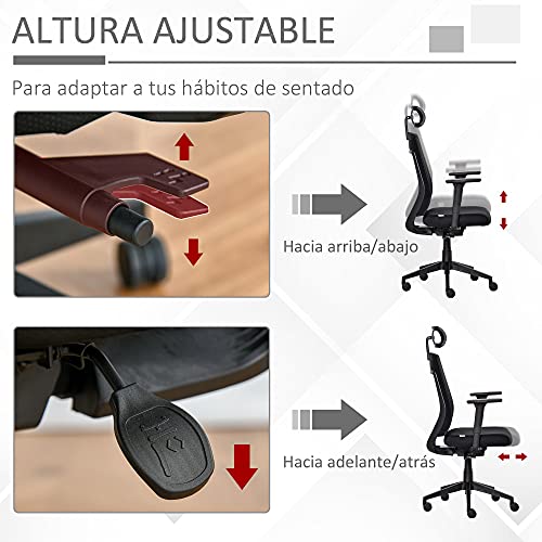 Vinsetto Silla de Oficina Giratoria Silla Escritorio Basculante con Altura Ajustable Reposacabezas Reposabrazos Regulables y Soporte Lumbar 67x64x118-126 cm Negro