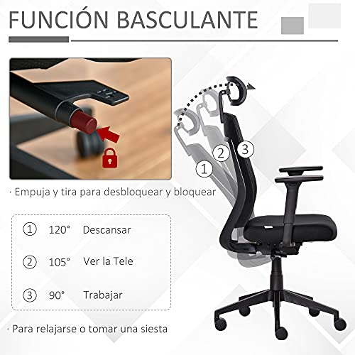 Vinsetto Silla de Oficina Giratoria Silla Escritorio Basculante con Altura Ajustable Reposacabezas Reposabrazos Regulables y Soporte Lumbar 67x64x118-126 cm Negro