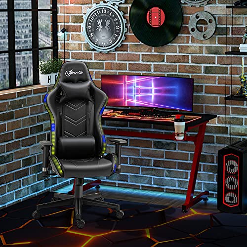 Vinsetto Silla Gaming Ergonómica Silla Gamer Giratoria Reclinable Ajustable en Altura Basculante con Luz LED Reposacabezas y Cojín Lumbar Cuero Sintético 68x68x126-136 cm Negro