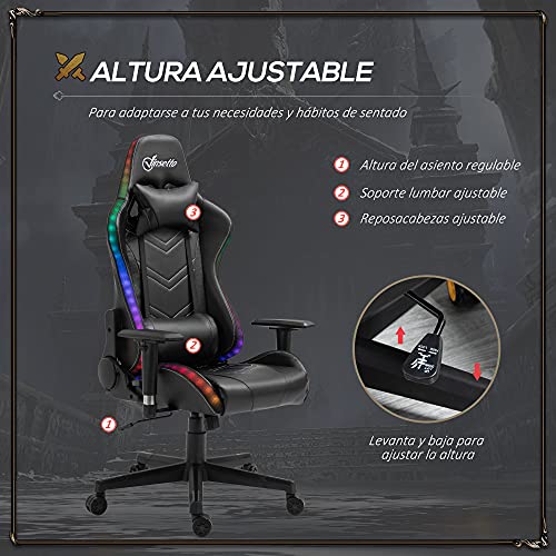 Vinsetto Silla Gaming Ergonómica Silla Gamer Giratoria Reclinable Ajustable en Altura Basculante con Luz LED Reposacabezas y Cojín Lumbar Cuero Sintético 68x68x126-136 cm Negro