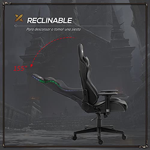 Vinsetto Silla Gaming Ergonómica Silla Gamer Giratoria Reclinable Ajustable en Altura Basculante con Luz LED Reposacabezas y Cojín Lumbar Cuero Sintético 68x68x126-136 cm Negro