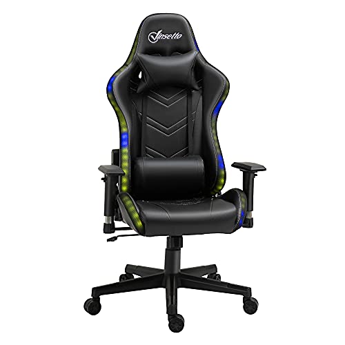 Vinsetto Silla Gaming Ergonómica Silla Gamer Giratoria Reclinable Ajustable en Altura Basculante con Luz LED Reposacabezas y Cojín Lumbar Cuero Sintético 68x68x126-136 cm Negro