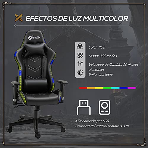 Vinsetto Silla Gaming Ergonómica Silla Gamer Giratoria Reclinable Ajustable en Altura Basculante con Luz LED Reposacabezas y Cojín Lumbar Cuero Sintético 68x68x126-136 cm Negro