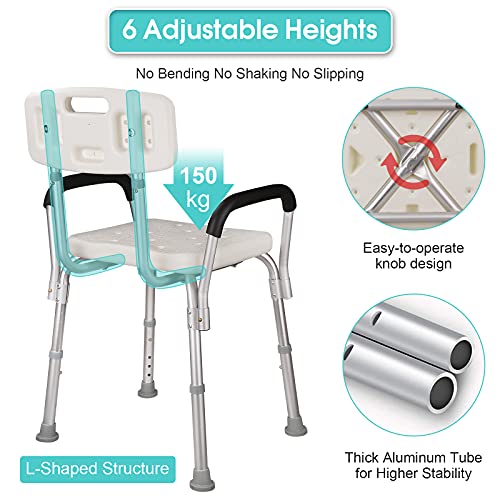 Vinteky Silla de Ducha Altura Regulable con Respaldo y Reposabrazos Taburete para Baño con Capacidad de 150 kg Taburete de Ducha para Ancianos