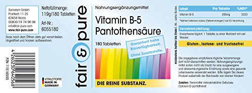 Vitamina B5 200mg - Ácido pantoténico vegano - Alta pureza - 180 Comprimidos