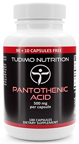 Vitamina B5 Acido Pantotenico 500mg Capsulas – 100 Cápsulas (3+ Meses de provisión), cada una con 500 mg de Polvo de Vit B5 Ácido Pantoténico Suplemento (Pantothenic Acid)