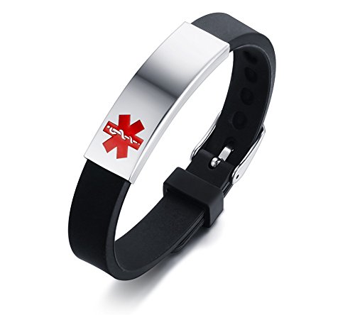 VNOX Personalizacion Acero Inoxidable Pulsera Brazalete de Alerta Médica Silicio ID Ajustable,Free Grabado