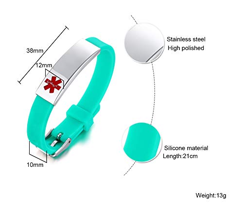 VNOX Personalización de Acero Inoxidable Personalizada Identificación de Alerta médica Pulsera de Silicona Ajustable Verde,Grabado Gratis