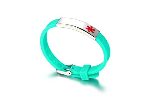 VNOX Personalización de Acero Inoxidable Personalizada Identificación de Alerta médica Pulsera de Silicona Ajustable Verde,Grabado Gratis