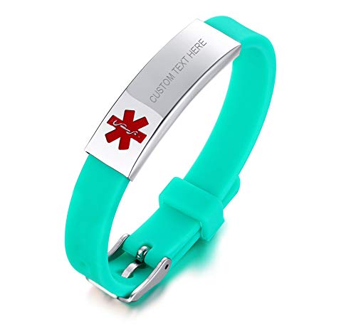 VNOX Personalización de Acero Inoxidable Personalizada Identificación de Alerta médica Pulsera de Silicona Ajustable Verde,Grabado Gratis