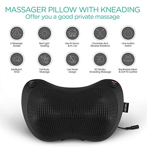 VOYOR Cojín Masajeador Shiatsu de Cuello Espalda con Calor Almohada de Cervical Electrica Masajeador de Tejidos Profundos para Cuello, Espalda, Hombros Cintura Relajar en Hogar, Oficina y Auto YZ100