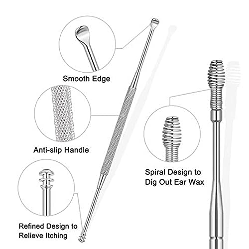 Watkings Juego de herramientas de limpieza de cera de oído, jeringas creativas de resorte para oídos, de acero inoxidable de doble extremo para eliminar cera de oído