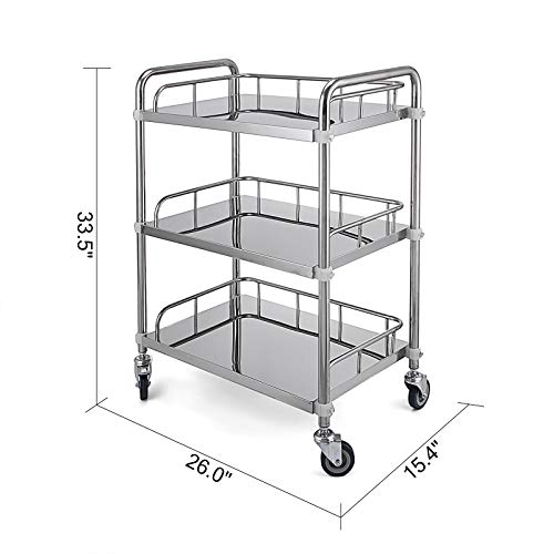 WE Carrito Médico Grande de 3 Estantes con 4 Ruedas Omnidireccional, Carrito Utilitario de Acero Inoxidable, Carrito de Equipo de Laboratorio, Carro médico Grande de 3 estantes