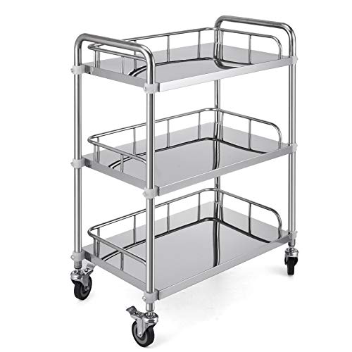 WE Carrito Médico Grande de 3 Estantes con 4 Ruedas Omnidireccional, Carrito Utilitario de Acero Inoxidable, Carrito de Equipo de Laboratorio, Carro médico Grande de 3 estantes