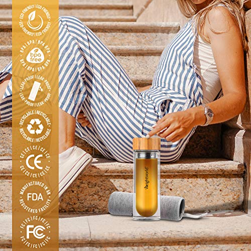 WeightWorld Botella Termo para Infusiones de Té con Filtro de Agua | 500ml de Té | Doble Capa de Vidrio con Tapa de Bambú | Diseño Hermético Portátil Sin BPA | para su Dieta Detox Adelgazante