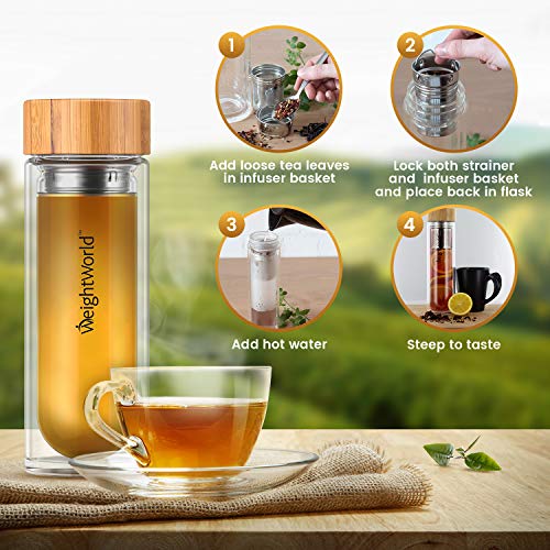 WeightWorld Botella Termo para Infusiones de Té con Filtro de Agua | 500ml de Té | Doble Capa de Vidrio con Tapa de Bambú | Diseño Hermético Portátil Sin BPA | para su Dieta Detox Adelgazante