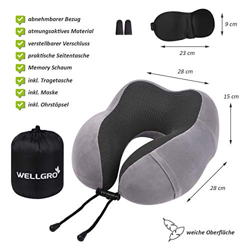 WELLGRO Juego de cojines cervicales con máscara para dormir y tapones para los oídos, funda extraíble, espuma viscoelástica, cremallera, incluye bolsa de almacenamiento, color a elegir, color: gris