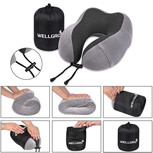 WELLGRO Juego de cojines cervicales con máscara para dormir y tapones para los oídos, funda extraíble, espuma viscoelástica, cremallera, incluye bolsa de almacenamiento, color a elegir, color: gris