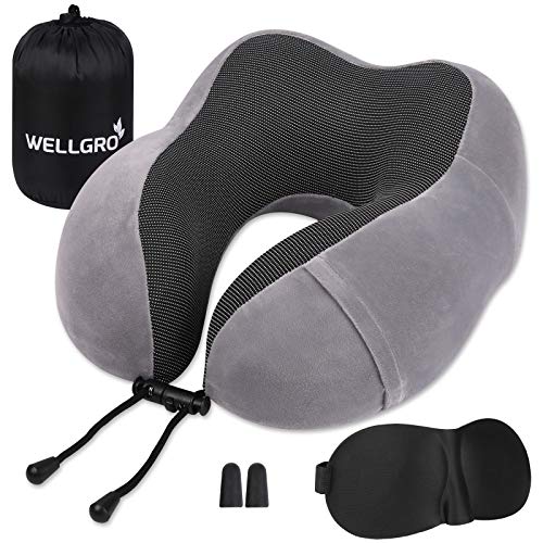 WELLGRO Juego de cojines cervicales con máscara para dormir y tapones para los oídos, funda extraíble, espuma viscoelástica, cremallera, incluye bolsa de almacenamiento, color a elegir, color: gris