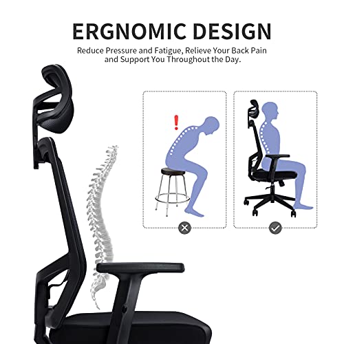 Wemk Silla de Oficina, Silla de Escritorio Ergonomica, Silla de Malla con Soporte Lumbar Ajustable y Ruedas Silenciosas, Reposacabezas, Reposabrazos y Altura Ajustables, Función de Inclinación