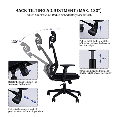 Wemk Silla de Oficina, Silla de Escritorio Ergonomica, Silla de Malla con Soporte Lumbar Ajustable y Ruedas Silenciosas, Reposacabezas, Reposabrazos y Altura Ajustables, Función de Inclinación