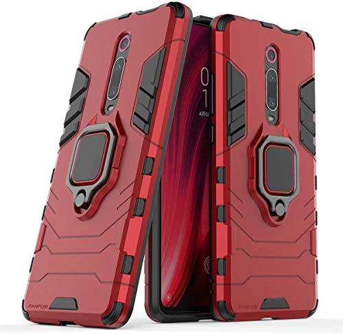 XIFAN Funda para Xiaomi Mi 9T, [Robusto] Anillo Metálico Soporte [Funciona con El Montaje De Coche Magnético] Case Carcasa, Rojo + 2 Piezas Protector de Pantalla