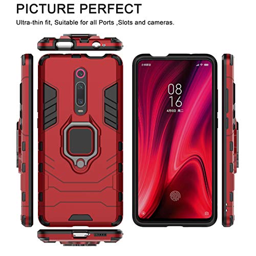 XIFAN Funda para Xiaomi Mi 9T, [Robusto] Anillo Metálico Soporte [Funciona con El Montaje De Coche Magnético] Case Carcasa, Rojo + 2 Piezas Protector de Pantalla