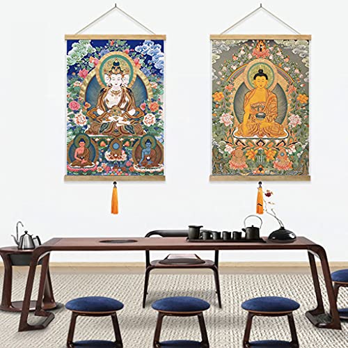 ZDDZ Tapiz de Tela Buddha Thangka Tapices Protección de Borde de Pino Huang Caishen / 4 Wall Guanyin / 5 Fortuna/Medicine Buddha/Shakyamuni Buddha