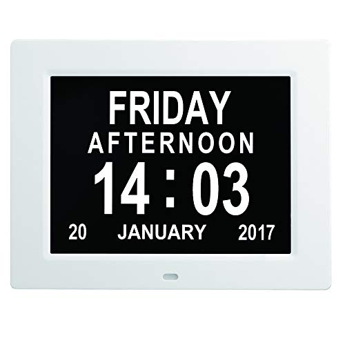 ZED- Day Clock - Reloj Digital Grande, Sin Abreviaturas, para Ancianos y Pacientes con Demencia - 3 Opciones de Alarmas y Recordatorios de Medicamentos