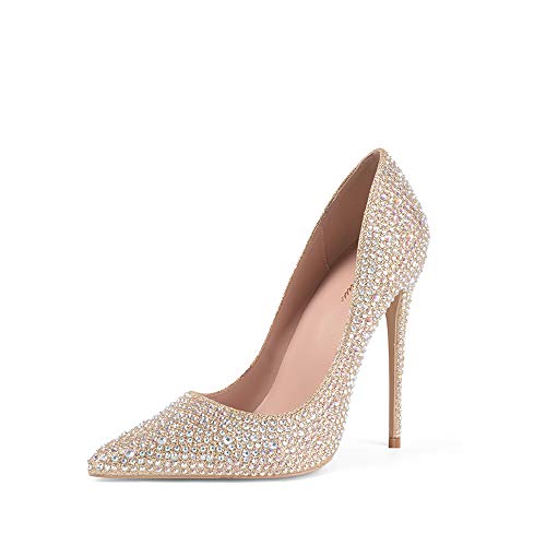 Zhabtuc Mujer Zapatos de Tacón Dorado Brillantes 12 CM Sexy Stilettos con Punta Aguda Cerrada Tacón de Aguja con Diamantes de Imitación para Fiestas, Bodas，42 EU