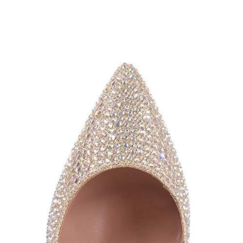 Zhabtuc Mujer Zapatos de Tacón Dorado Brillantes 12 CM Sexy Stilettos con Punta Aguda Cerrada Tacón de Aguja con Diamantes de Imitación para Fiestas, Bodas，42 EU