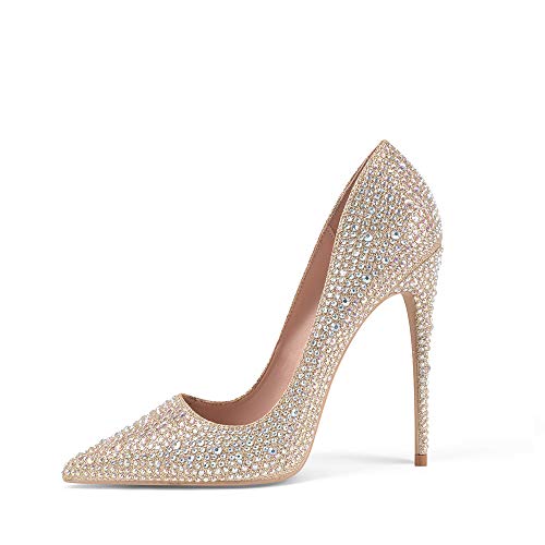 Zhabtuc Mujer Zapatos de Tacón Dorado Brillantes 12 CM Sexy Stilettos con Punta Aguda Cerrada Tacón de Aguja con Diamantes de Imitación para Fiestas, Bodas，42 EU