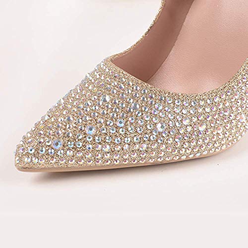 Zhabtuc Mujer Zapatos de Tacón Dorado Brillantes 12 CM Sexy Stilettos con Punta Aguda Cerrada Tacón de Aguja con Diamantes de Imitación para Fiestas, Bodas，42 EU