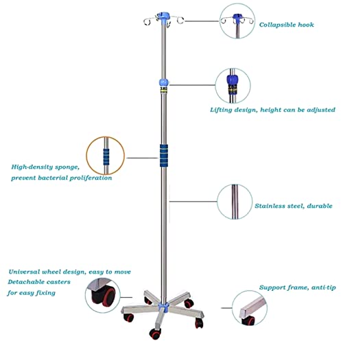 ZJWD Soporte para portasueros con Ruedas, Soporte de Goteo para portasueros Ajustable de Altura Ajustable con Ruedas de Acero Inoxidable, Soporte para Goteo de infusión médica móvil