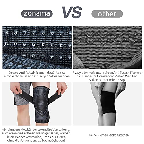 ZONAMA Rodillera deportiva para hombres y mujeres, con almohadillas de gel y estabilizadores laterales y cierre de velcro, almohadilla de rodilla de grado médico para correr, artritis, color negro