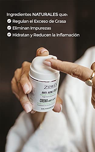 ZOWIX Crema Facial Natural Antiacne, Reduce Espinillas y Granos. Tratamiento Facial Natural con A. Salicílico y Oxido de Zinc, Crema Acne Juvenil y Adulto, 50 ml