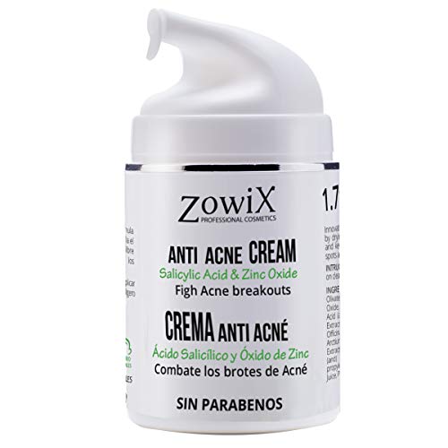 ZOWIX Crema Facial Natural Antiacne, Reduce Espinillas y Granos. Tratamiento Facial Natural con A. Salicílico y Oxido de Zinc, Crema Acne Juvenil y Adulto, 50 ml