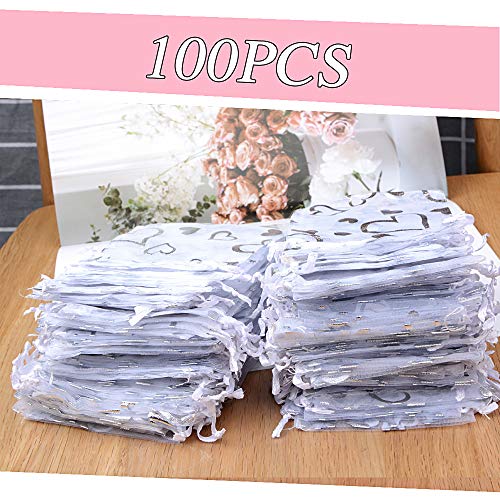 100 Bolsas de Organza Bolsitas Tul con Corazón Saquitos Arroz Regalo Joyas Caramelo Dulces Recuerdo Favores Detalles para Boda Fiesta Bautizo Navidad con Cintas Blanco