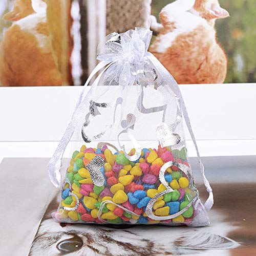 100 Bolsas de Organza Bolsitas Tul con Corazón Saquitos Arroz Regalo Joyas Caramelo Dulces Recuerdo Favores Detalles para Boda Fiesta Bautizo Navidad con Cintas Blanco