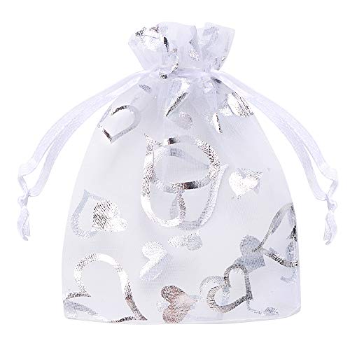 100 Bolsas de Organza Bolsitas Tul con Corazón Saquitos Arroz Regalo Joyas Caramelo Dulces Recuerdo Favores Detalles para Boda Fiesta Bautizo Navidad con Cintas Blanco