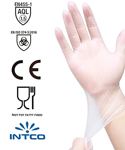 100 guantes de vinilo XL sin polvo, sin látex, hipoalergénicos, certificados CE transparentes según EN455 y EN374 para ensayos médicos desechables (Tamaño XL)