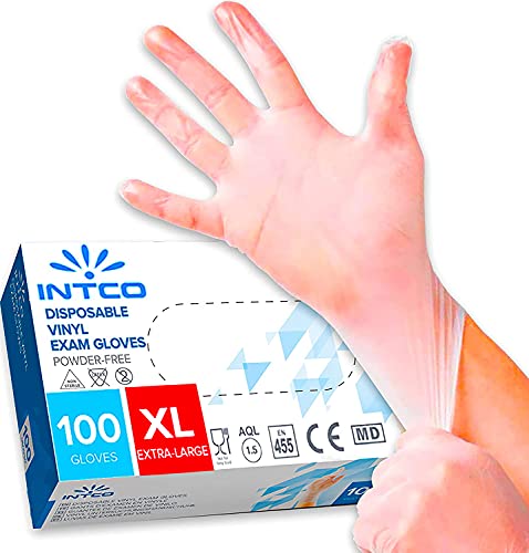 100 guantes de vinilo XL sin polvo, sin látex, hipoalergénicos, certificados CE transparentes según EN455 y EN374 para ensayos médicos desechables (Tamaño XL)