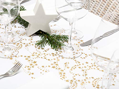 100%Mosel Camino de mesa con estrellas doradas/metalizadas (28 cm x 5 m), camino de mesa de organza, elegante decoración de mesa para Navidad y Adviento, decoración festiva para ocasiones especiales