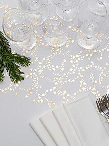 100%Mosel Camino de mesa con estrellas doradas/metalizadas (28 cm x 5 m), camino de mesa de organza, elegante decoración de mesa para Navidad y Adviento, decoración festiva para ocasiones especiales