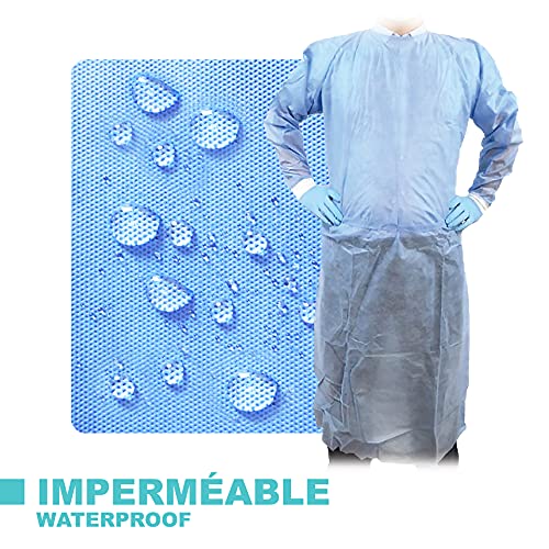 10x Batas Sanitarias Impermeables Desechables - 40GSM - Hombre y Mujer - 100% Polipropileno y 15% Polietileno - Talla única CE - Categoría de Protección I - Calidad Profesional - Azul - Dmm-Europe