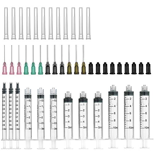 12 Pack - 1ml, 3ml, 5ml, 10ml Jeringas cada 3pcs con 14Ga, 16Ga, 18Ga y 20Ga agujas punta y tapas de almacenamiento (Luer Lock)