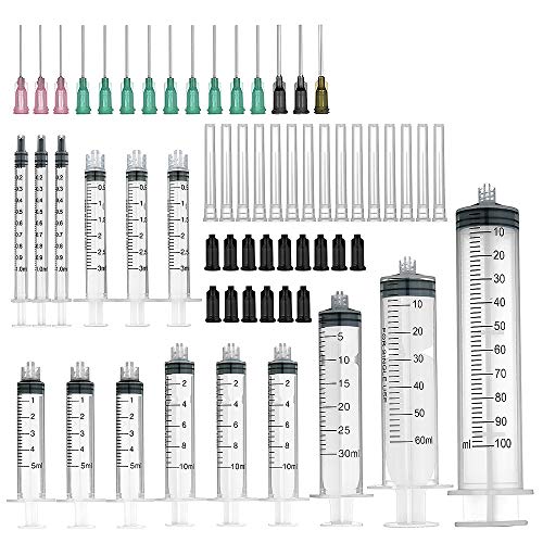 15 jeringuillas con agujas de punta roma y tapas de almacenamiento (Luer Lock), 1 unidad de 100 ml, 60 ml y 30 ml, 3 unidades de 10 ml, 5 ml, 3 ml y 1 ml