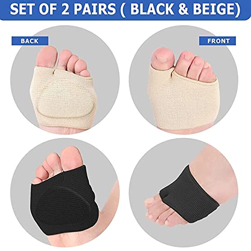 2 pares de almohadillas metatarsianas para mujer, almohadillas de gel para metatarsalgia, almohadillas el alivio del dolor, almohadillas de manga metatarso para mujer 2 colores (negro + beige) (L)