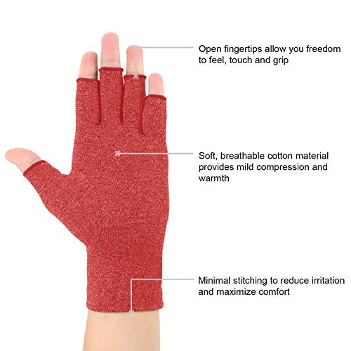 2 pares de guantes de compresión de artritis para aliviar el dolor de artritis, reumatoide, osteoartritis y túnel carpiano para hombres y mujeres, sin dedos para escribir (mediano, rojo)